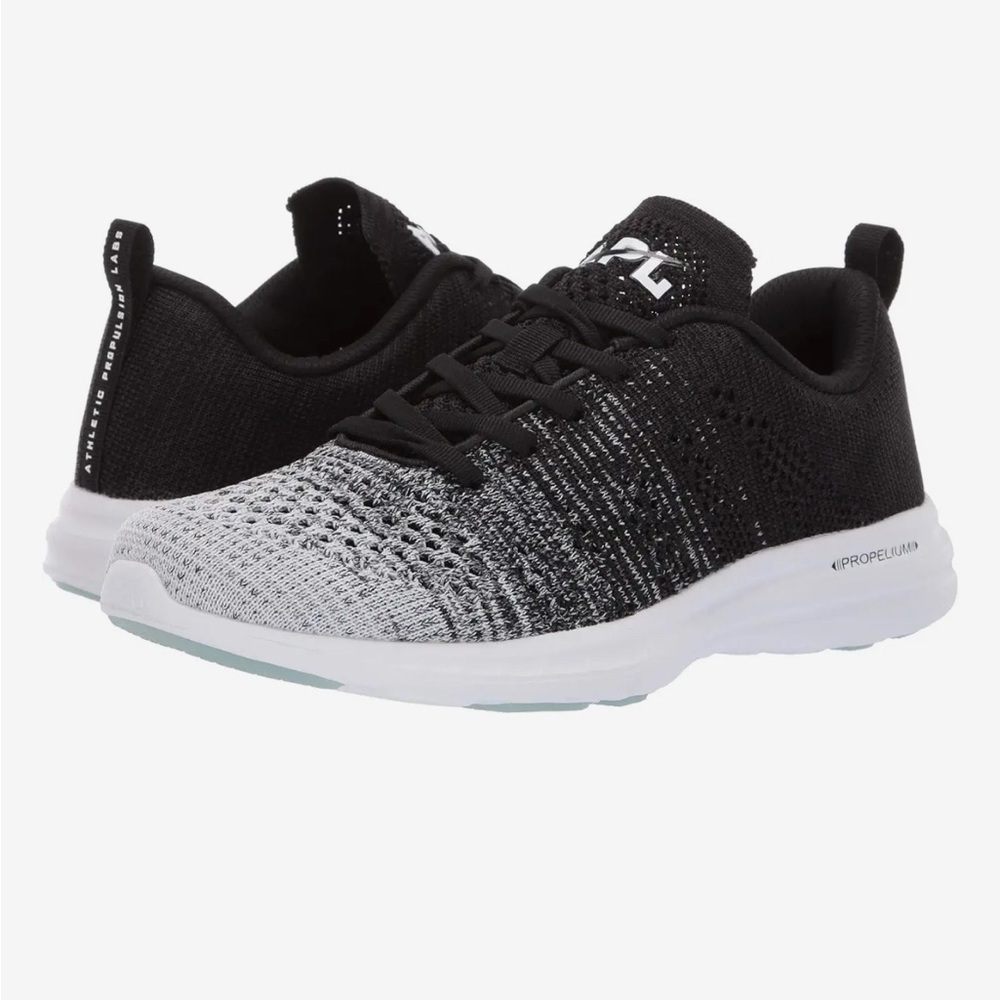 Knit APL Women’s techloom pro 7.5 black heather grey white workout sneakers gym
